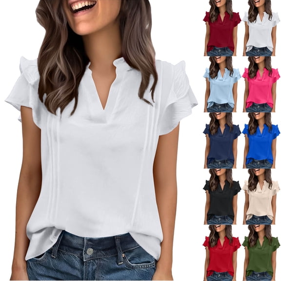 Agkizg Women's Summer V Neck Short Sleeve Blouse Solid Color Double Layer Ruffle Sleeve Casual Loose Top