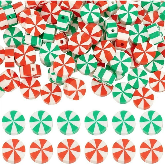 1 Box 200Pcs 10mm Christmas Polymer Clay Beads Candy Beads Cute Red Green Candy Round Flat Disc Vinyl Spacer Loose Beads Bulk