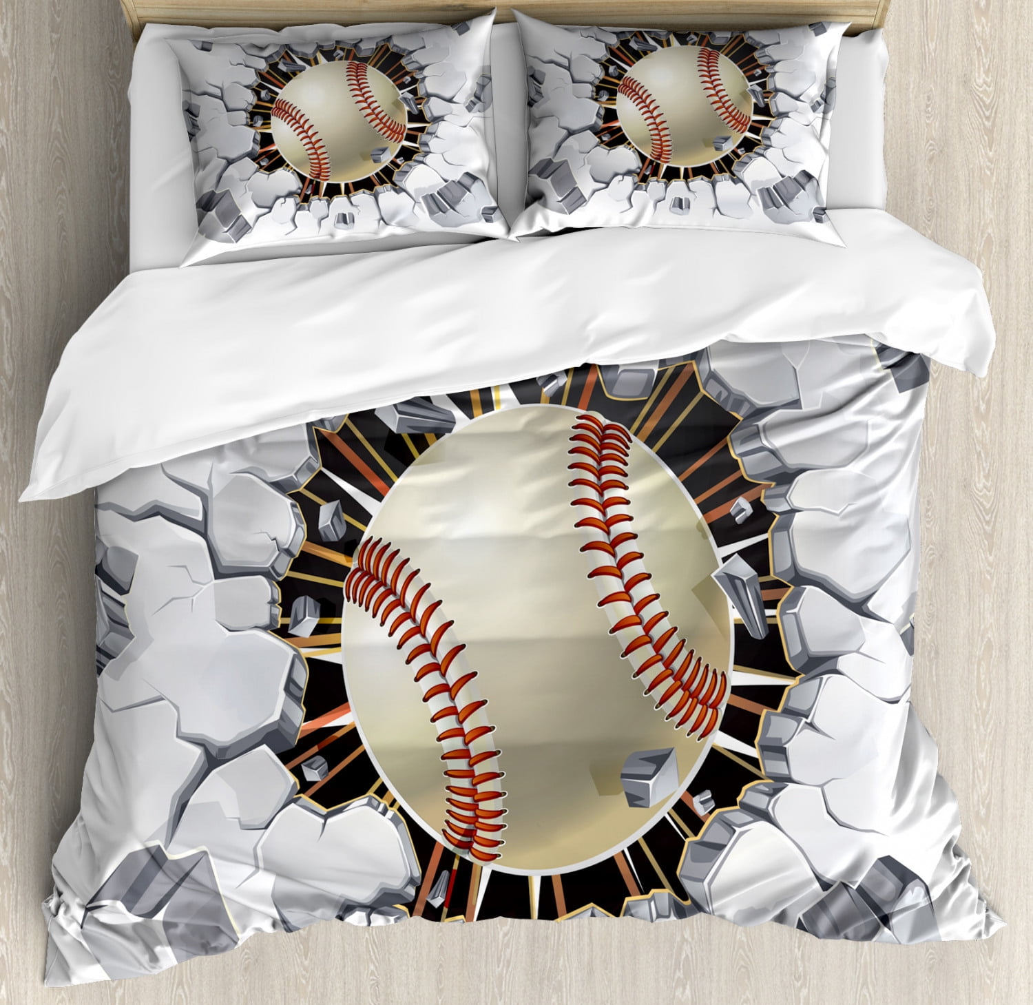 Sports Duvet Cover Set King Size, Baseball and Old Plaster Concrete