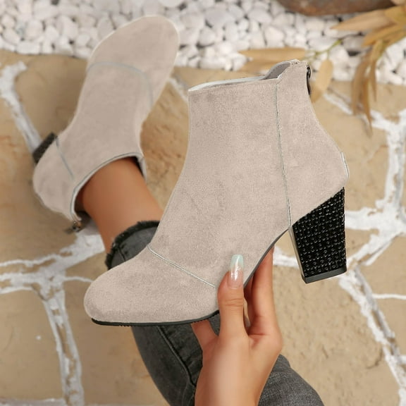 PiGOGI Women's Block Heel Ankle Boots for Women Round Toe Back Zip Faux Suede Chunky Heel Winter Casual Dress Boots White 43