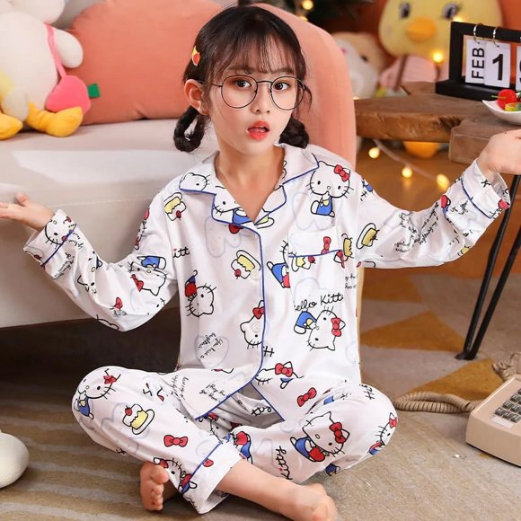 Sanrio Pajamas Cinnamoroll Hello Kitty Cartoon Student Long Sleeved Parent Child Clothing Suit Anime Cute Girls Anime Home Set