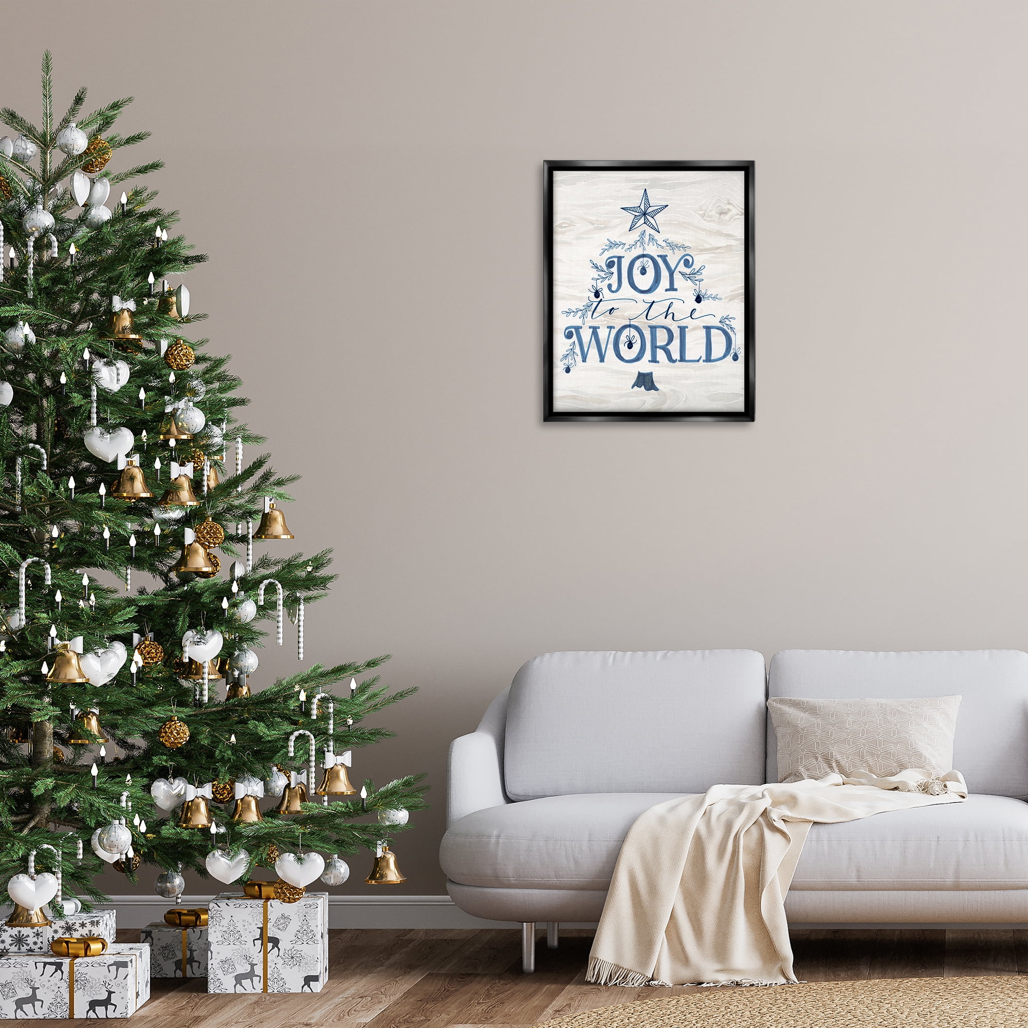 Stupell Industries Joy To World Tree Holiday Painting Black Floater Framed Canvas Art Prints Wall Art, 25 x 31