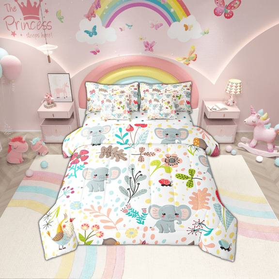 Erosebridal Elephant Bed In A Bag 7 Piece Twin Cute Flower Elephant Comforter Set With Sheets Room,Cartoon Zoo Animal Bedding Set,Jungle Woodland Leaf Wildlife Bed Set