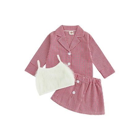 

Bagilaanoe 3Pcs Toddler Girls Plaid Outfits Long Sleeve Buttons Jacket + Mini Skorts + Fluffy Spaghetti Strap Tank Tops 1T 2T 3T 4T 5T 6T Kids Casual Clothes Set