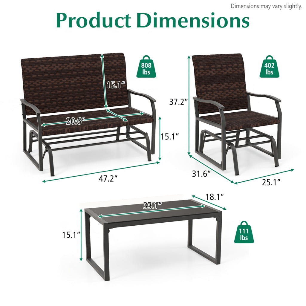Hommoo 4-Piece All-Weather Wicker Patio Glider Set with Tempered Glass Coffee Table, PE Rattan Loveseat & Single Glider, Outdoor Swing Furniture for Backyard, Poolside & Porch, Brown