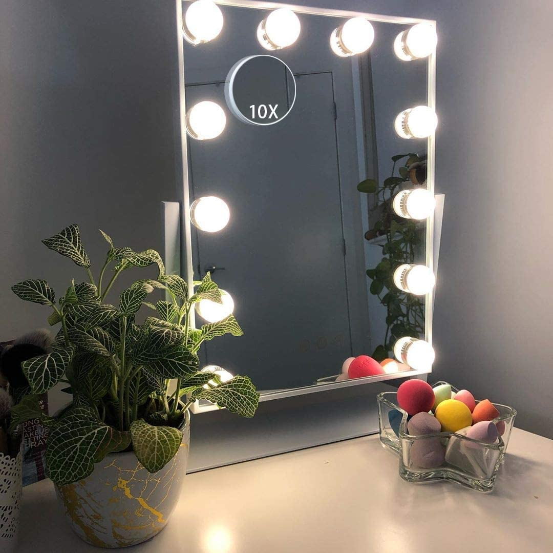 Hansong Vanity Makeup Mirror with Lights,Hollywood Lighted Mirror with 15 pcs Dimmable Led Bulbs for Dressing Room & Tabletop Mirror or Wall Mounted,Detachable 10X Magnification Spot Mirror
