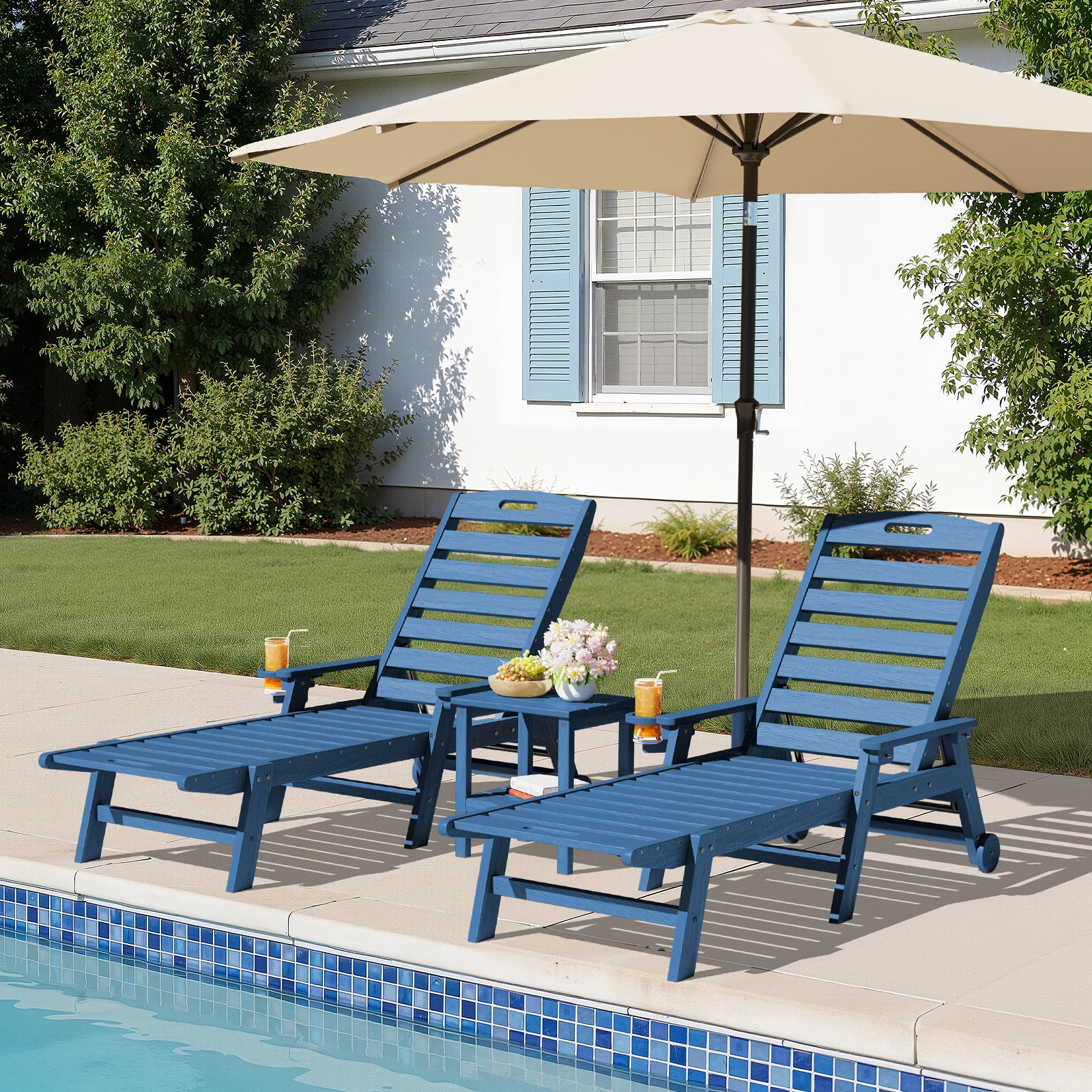 LOYALICE Adjustable Wheeled HDPE Plastic Outdoor Patio Lounge Chair W/ Cup Holder,78.3"x25.1"x16.3", Navy Blue