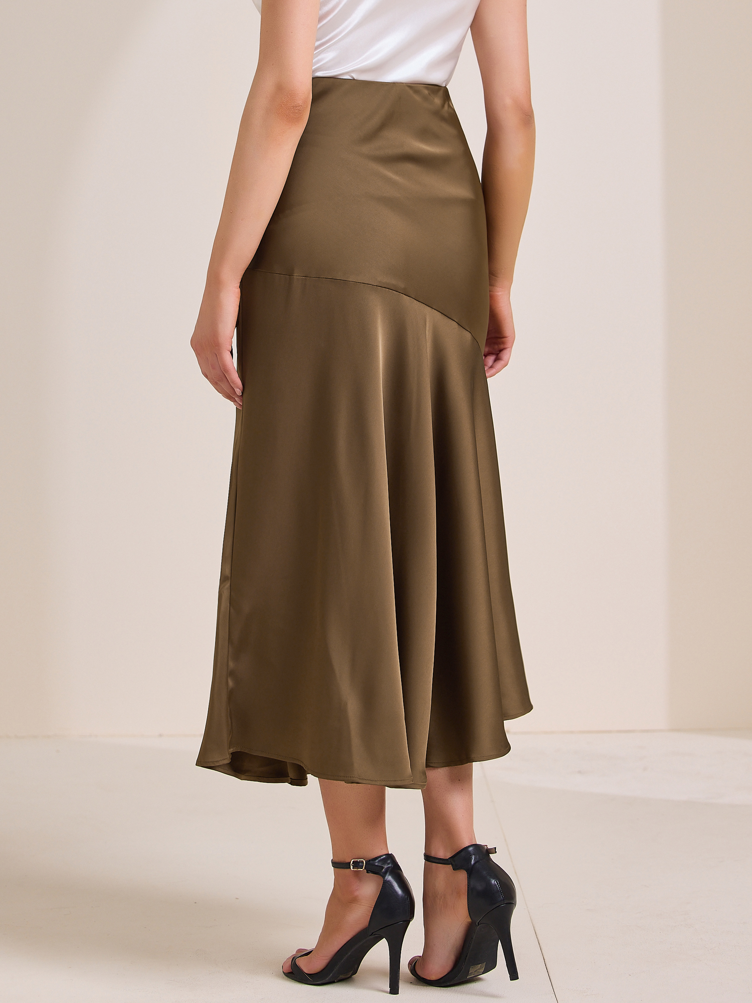 DARING DIVA Women's Satin High Waist Flowy Elegant Mermaid Maxi Skirts S Brown