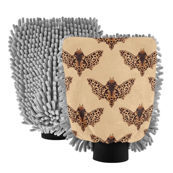 Microfiber Car Wash Gloves With Chenille & Polyester Terry Scratch-Free Cleaning Elastic Cuffs Leopard Print Bat Pattern