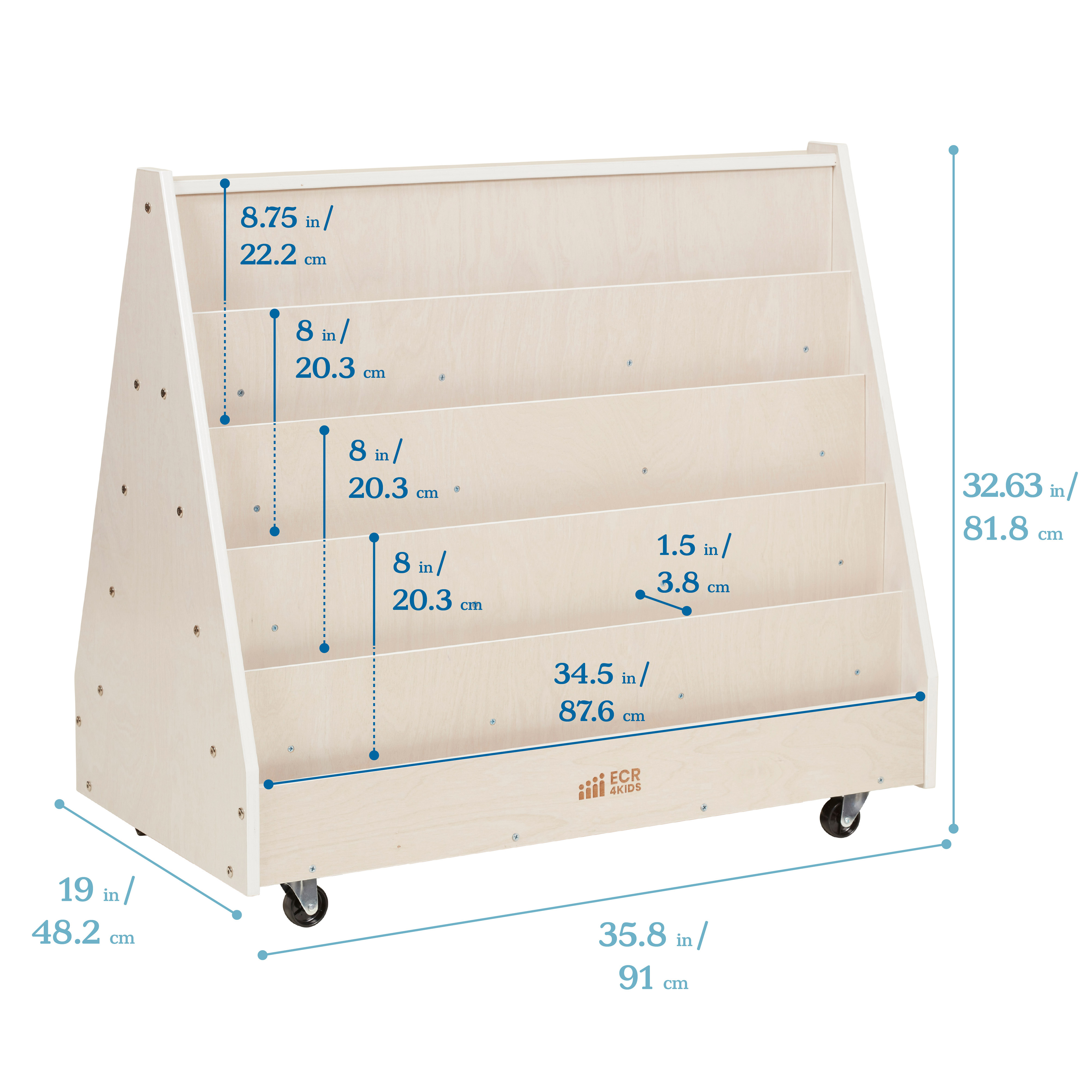 ECR4Kids Double-Sided Wooden Mobile Book Display and Storage, Montessori Furniture, White Wash