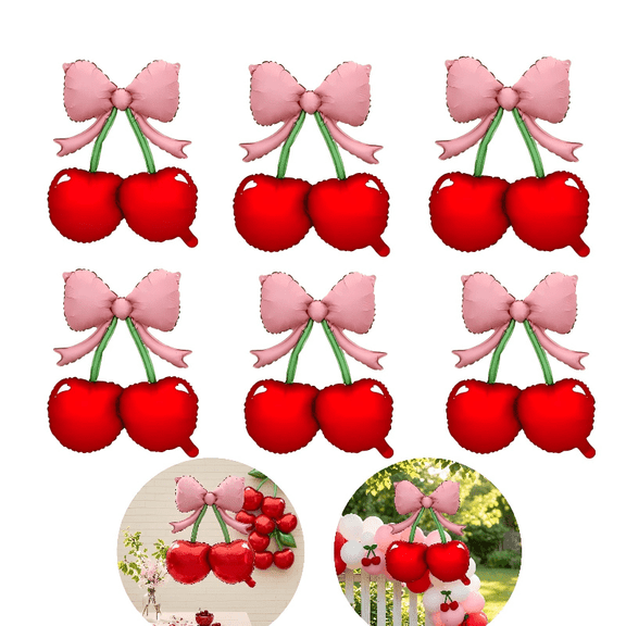 6 Pcs Pink Bow Red Cherry Foil Balloons – She's The Cherry On Top Party Decor, Berry First Birthday, Fruit Theme Baby Shower, Bridal Wedding Supplies