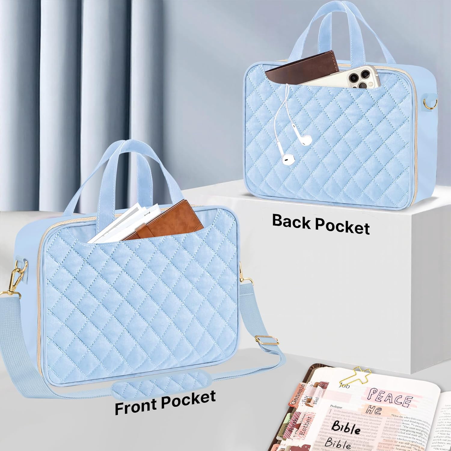 Bible Cover Case for Women, Large Bible Bag with Shoulder Strap and Handle, Bible Study Supplies Journaling Kit, Bible Highlighters and Pens No Bleed Tabs Notebook Cross Clips (Light Blue)