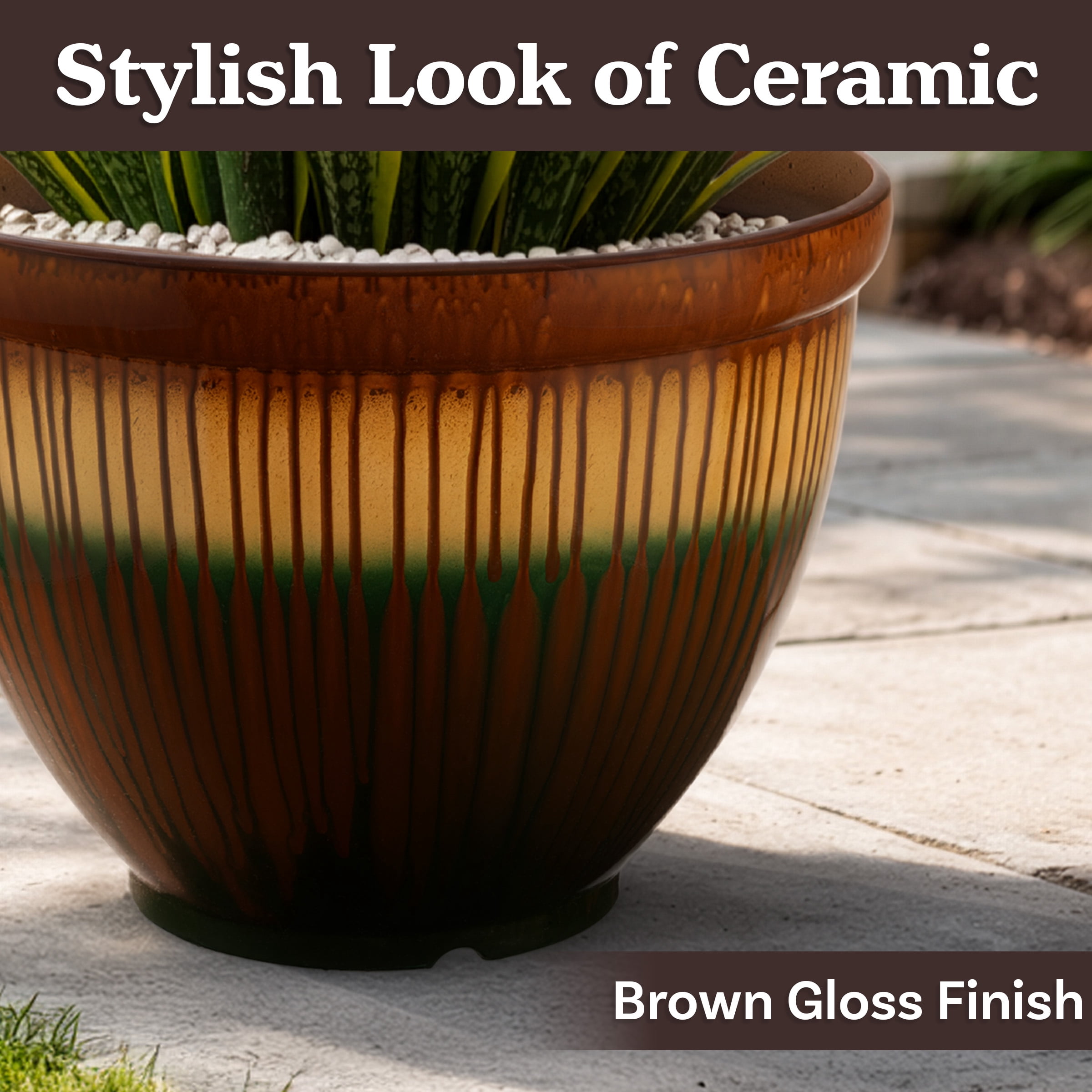 Pure Garden 13.7” Large Plastic Plant Pot with Glazed Ceramic Look for Indoors or Outdoors, Bronze