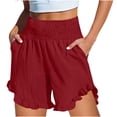 thumbnail image 3 of Plus Size Women's Solid Color Casual High-Waist Elastic Waist Pocket Shorts with Ruffled Wrap Detail, Soft Polyester Shorts for Women, Summer Beach Vacation Outdoor Yoga Workout, 3 of 8