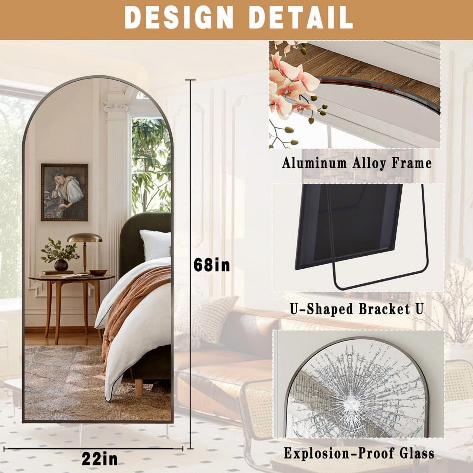 Mirrasia 68" x 22" Arched Full Length Mirror With Stand Floor Mirror Wall Mounted, Black