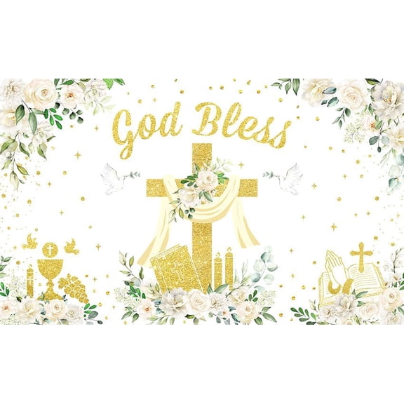 White Gold Floral God Bless Backdrop First Holy Communion Baptism Background Christening Baptism Newborn Baby Shower Party Decorations Banner Supplies Photo Booth Props