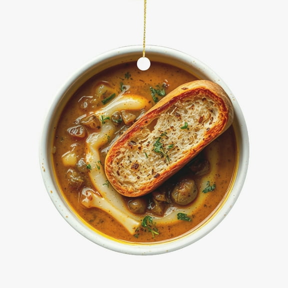 French Onion Soup with Bread and Melted Cheese Comfort Food Lovers Foodie Novelty Holiday Christmas Ornament Xmas Tree Gift (Flat Design Printed on Ceramic, NOT 3D)