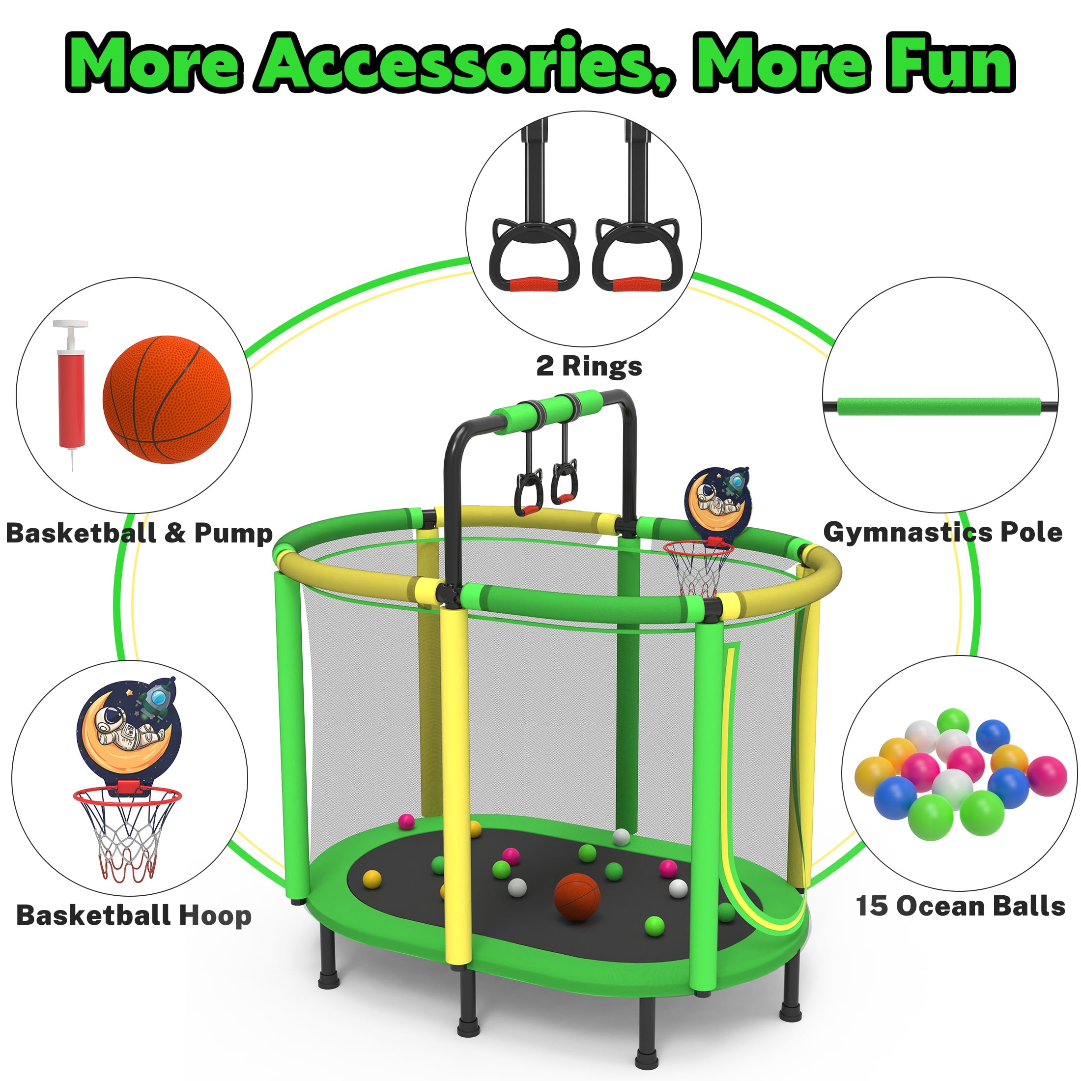 60" Toddler Trampoline with Enclosure Net, Kids Trampoline with Basketball Hoop, SHINPT Indoor Trampoline for Kids, Small Trampoline with Ocean Balls, Mini Trampoline with Rings, Gift for Boys Girls