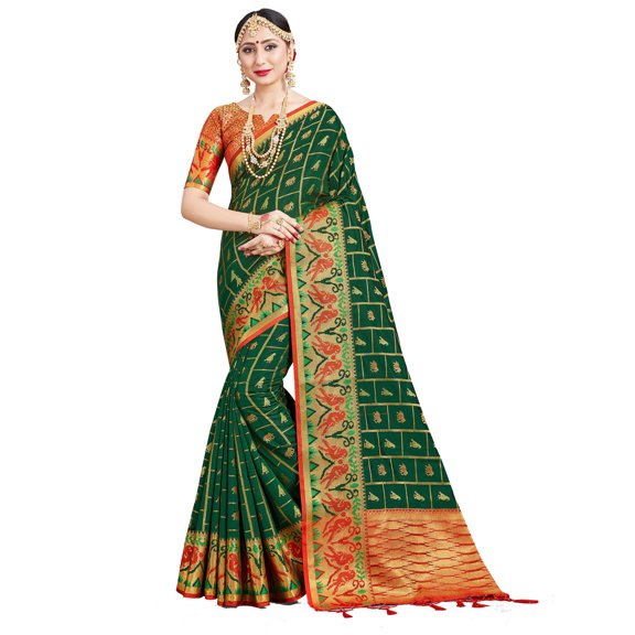 Sarees for Women Banarasi Art Silk Woven Saree - Indian Ethnic Gift Diwali Festival Sari with Unstitched Blouse Green