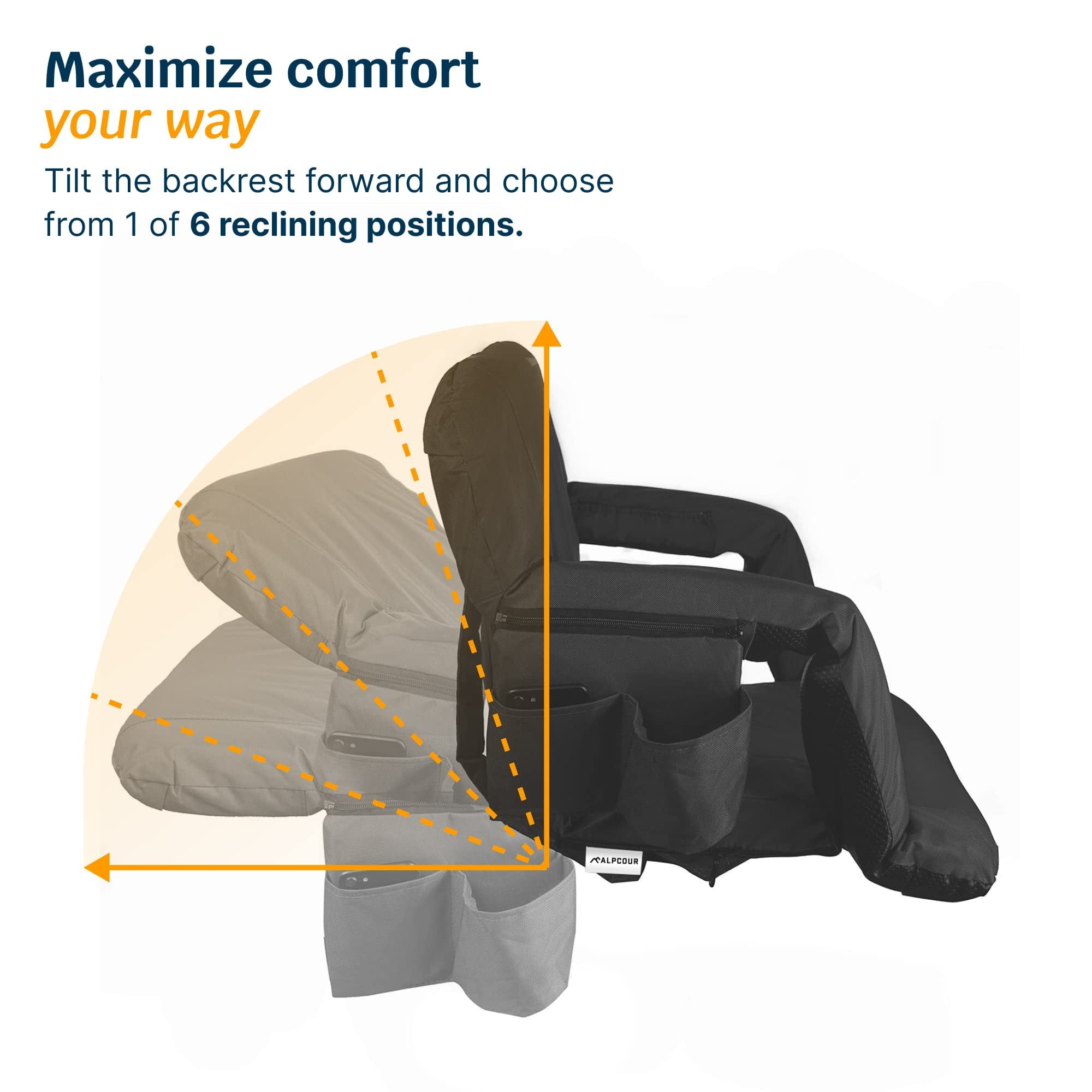 Reclining Stadium Seats for Bleachers with Back Support  Wide Bleacher Chair Cushion, Armrests, Large Pockets, and Multiple Safety Features  Best Stadium Seat Chairs for Camping, Kayak Backs & More