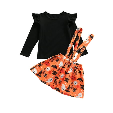 

JBEELATE Toddler Baby Girls Halloween Pumpkin Plaid Ruffles Sleeve Shirt Suspender Skirt Clothes
