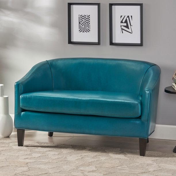 Noble House Clayton Modern Leather Loveseat, Teal