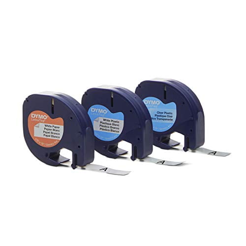 DYMO LetraTag Labeling Tape for LetraTag Label Makers, Black Print on White Paper, White Plastic and Clear Plastic Tapes, 1/3'' W x 13' L, 3 Rolls ...