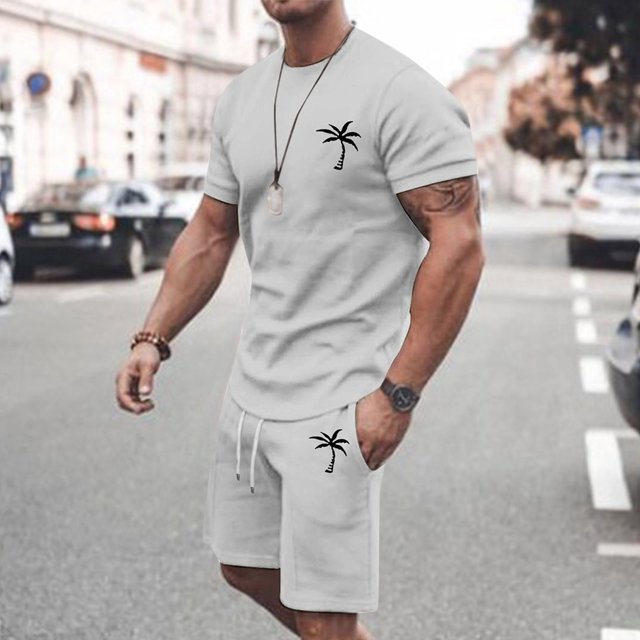Men's Athletic Tracksuit Casual Summer Suit Plus Size Short Sleeve O Neck Drawstring Waist Set for Activewear
