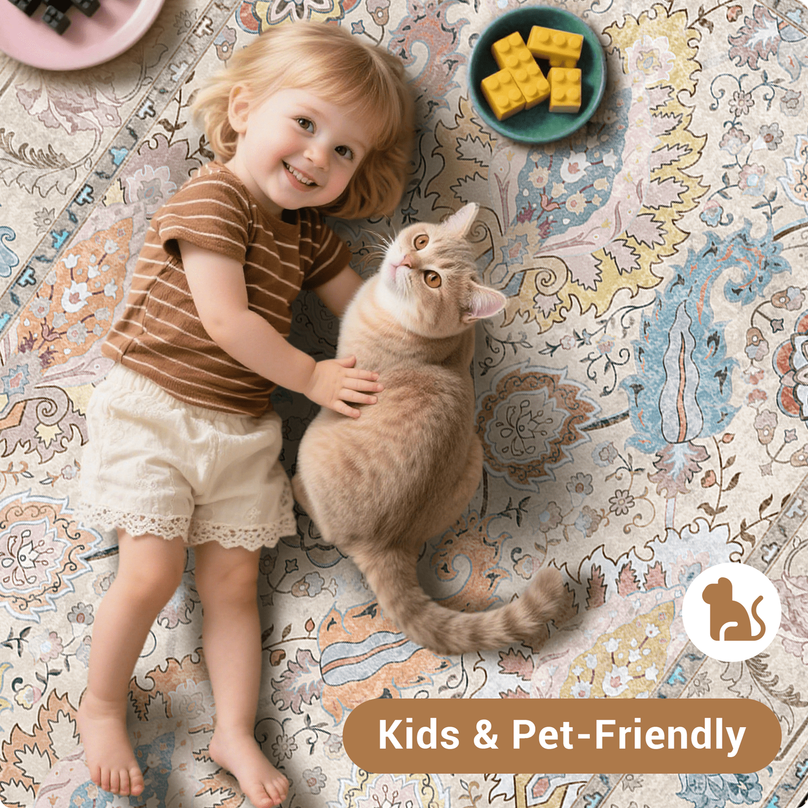 NewBuros Area Rugs 5'x7' Washable Non-Slip Boho Rugs, Soft Stain Resistant Low Pile Print Indoor Carpet for Living Room Bedroom Dining Room, Cream