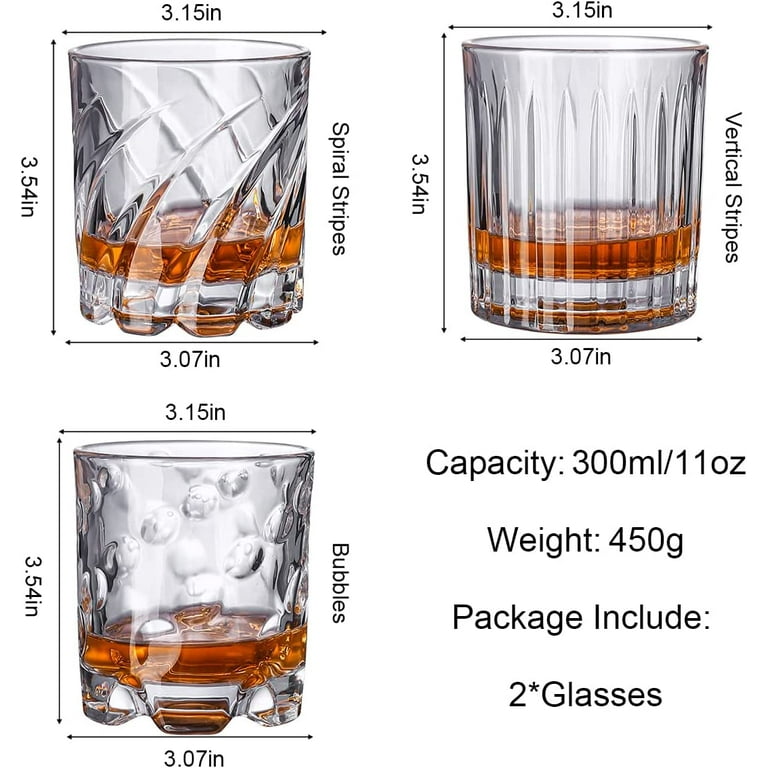 Whiskey Glasses – Rotatable Drinking Glasses Set of 2 – 11oz Rocks Glass Set  – Old-Fashioned Glass Set for tequila , Bourbon, Scotch – Crystal Glassware  Set for Bar, Home(Vertical Stripes) 