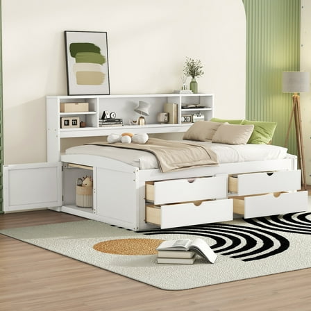 Bed Frame Full Size Wood Daybed with 2 Bedside Cabinets, Upper Shelves and 4 Drawers, White