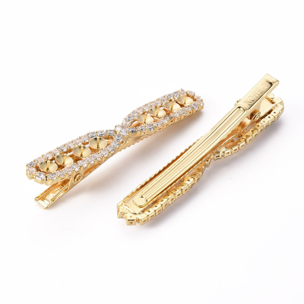 Brass Micro Pave Clear Cubic Zirconia Hair Clip Findings for Half Drilled Bead Real 18K Gold Plated For Half Drilled Bead: 1mm 67x10x13.5mm