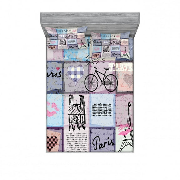 Paris Fitted Sheet & Pillow Sham Set, Grunge Textured Retro Collage of France Famous Object Eiffel Tower Europe Theme, Decorative Printed 3 Piece Bedding Decor Set, Full, Lavender, by Ambesonne