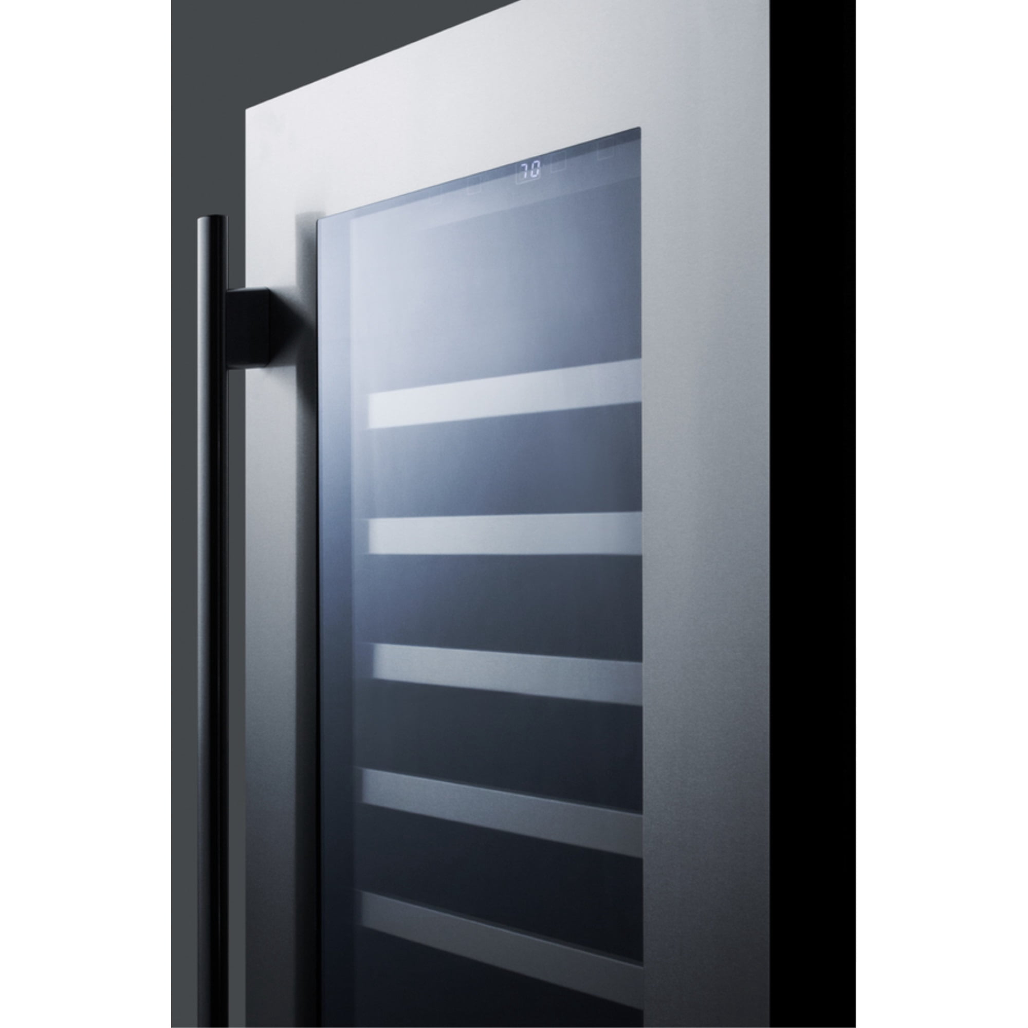 18" wide built-in wine cellar with seamless stainless steel trimmed glass door