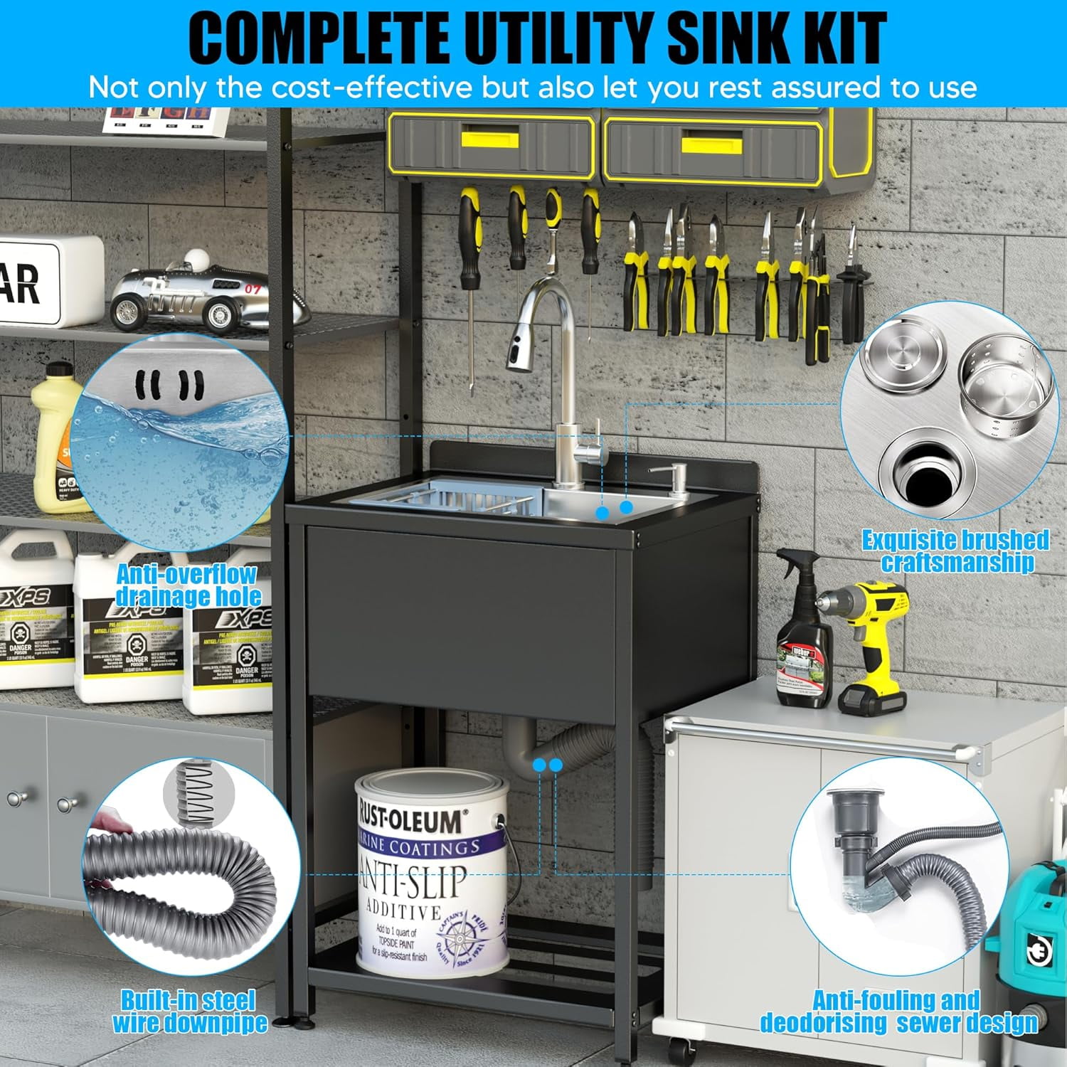 Stainless Steel Utility Sink, 25.7" × 20.7" × 39.5"Freestanding Sink with Cold and Hot Water Faucet,Hoses and Drain Kit for Kitchens, Bathrooms, Garage, Laundry Room