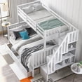 thumbnail image 2 of Stairway Bunk Bed with 3 Drawers and 4 Storage Shelves, Solid Wood Twin-Over-Full Bunk Bed Frame with Full-Length Guardrail & Stairs & Handrail, Convertible Bunk Bed, No Box Spring Needed, White, 2 of 7