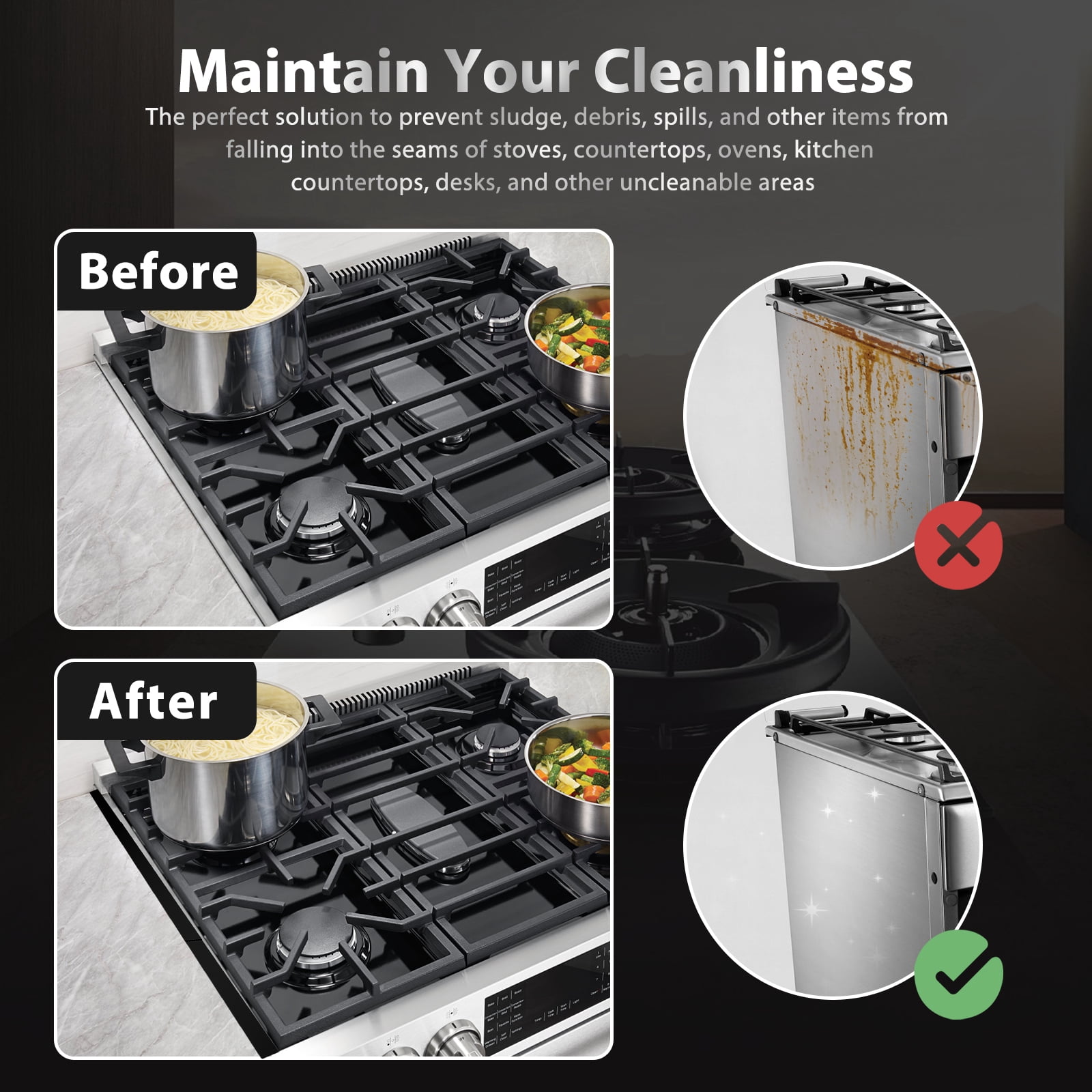 Wekvgz Stainless Steel Stove Gap Cover Sturdy Heat Resistant Oven Side Gap Fillers Non Slip Stove Gap Guards Easy to Install and Clean Stove Gap Fillers for Cooking