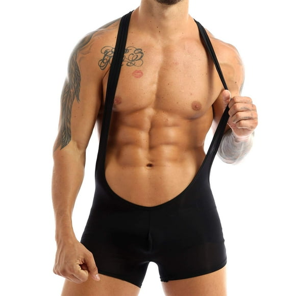 TiaoBug Men's Wrestling Singlet Smooth Freestyle Jockstrap Bodysuit Underwear Black X-Large