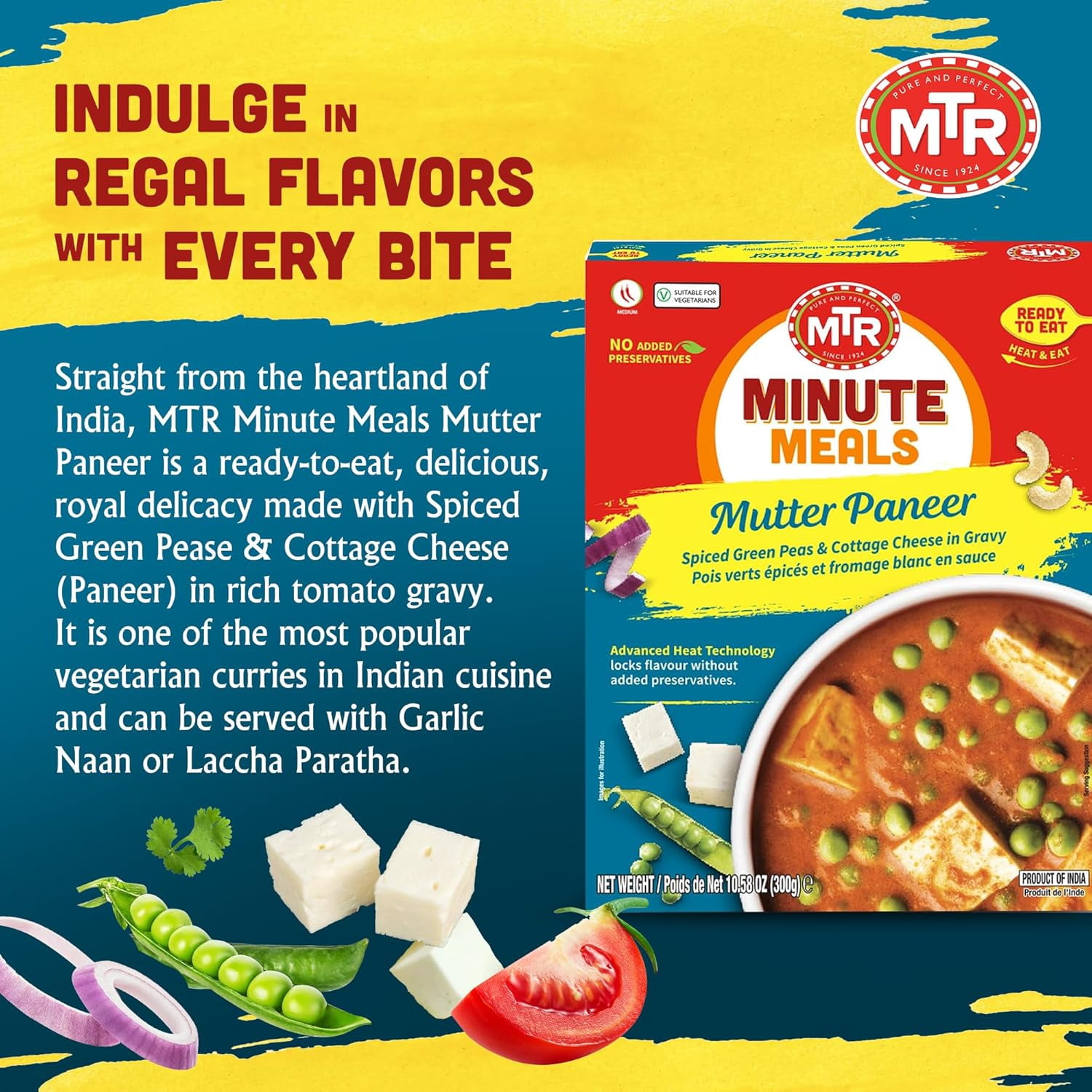 MTR Mutter Paneer - Spiced Green Peas & Cottage Cheese in Gravy - Tasty Indian Meal with No Added Preservatives - A Quick Meal Suitable for Vegetarians, Ready in Minutes! (300g, Pack of 6)