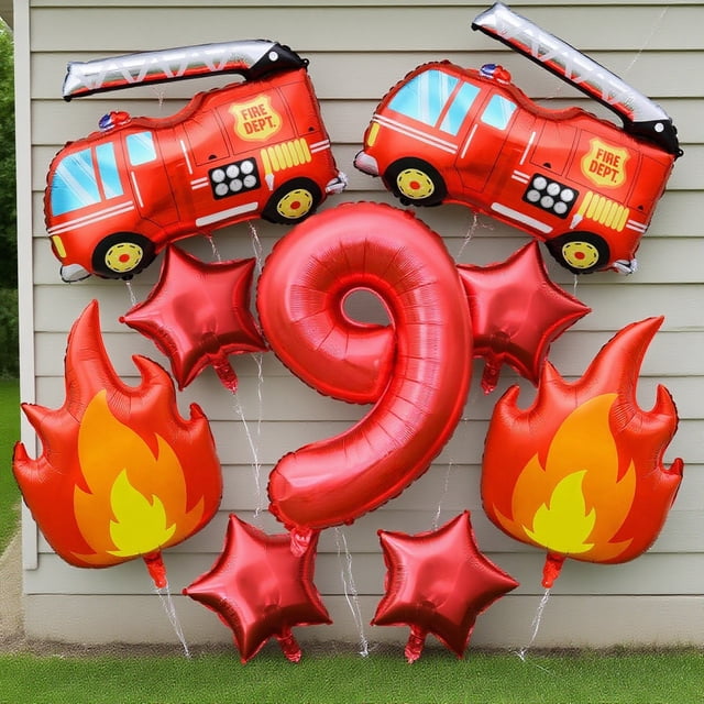 Ensemble de Ballons, Ballons Chiffres Rouges 0-9, 4 Étoiles, 2 Ballons Camion de Pompiers et 2 Ballons Flamme, pour Décoration de Fête d'Anniversaire, du Nouvel An et de Noël