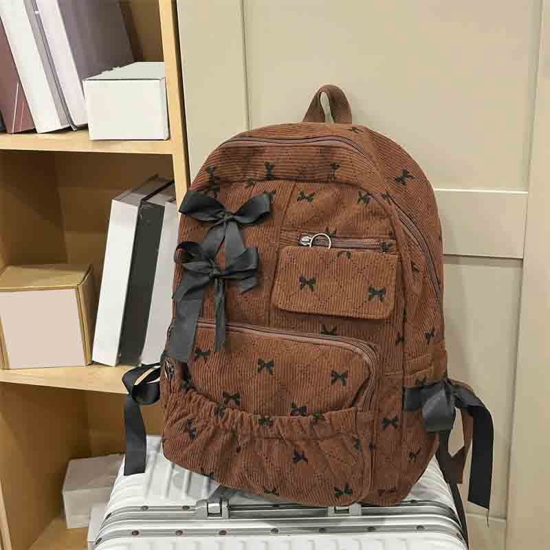 Yucurem Large Capacity Corduroy Backpack with Bow, Lightweight 15.75 inch Laptop Bag for Women, Aesthetic Daypack for College Travel (Brown)
