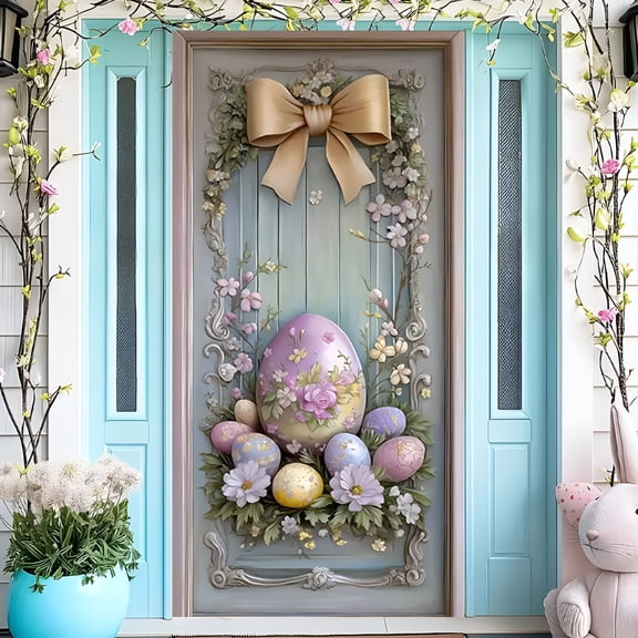 ACDANC Easter Door Cover Happy Easter Decoration Easter Eggs Bunny Theme Banner Welcome Spring Outdoor Indoor Backdrop for Party Decorations Supplies