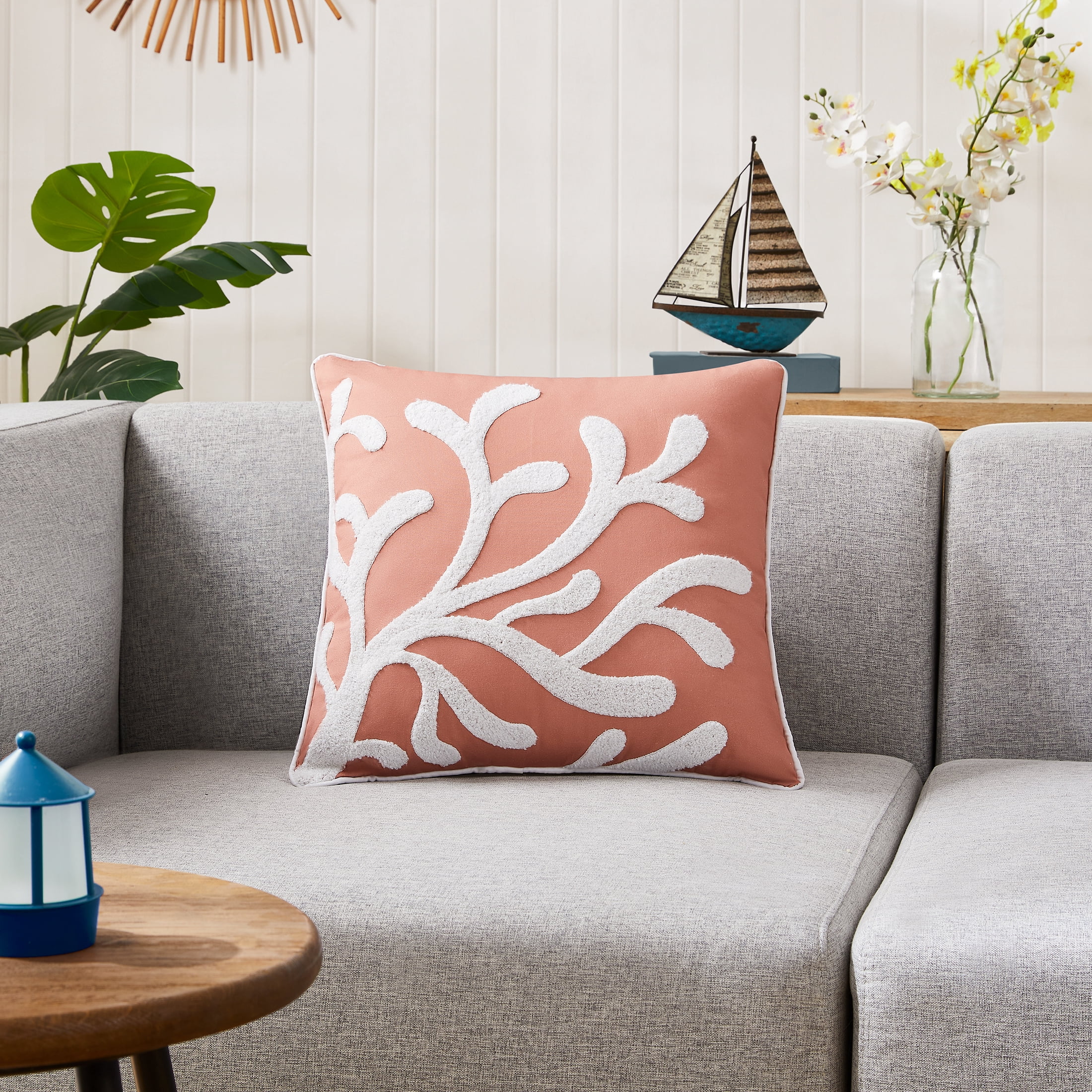 Coastal Living 18" x 18" Orange Coral Reef 100% Cotton Decorative Throw Pillow for Couch or Bed