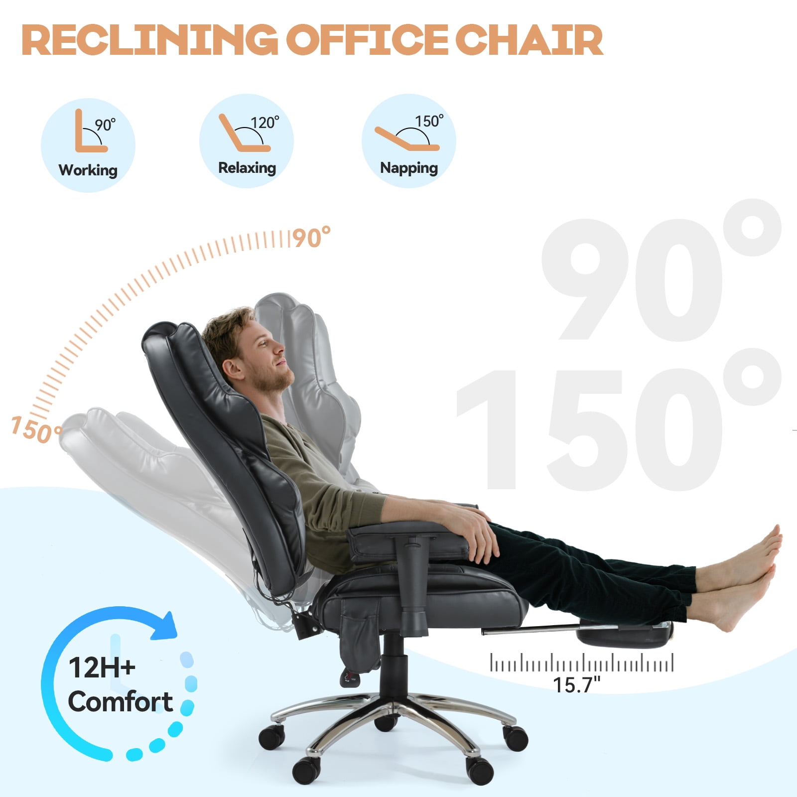 Vibrate Massage & Heating Office Chair with Foot Rest, Executive Office Chair with Reclining Backrest, Adjustable Arms & Lumbar Support, High Back Leather Desk Chairs for Home Office, Black