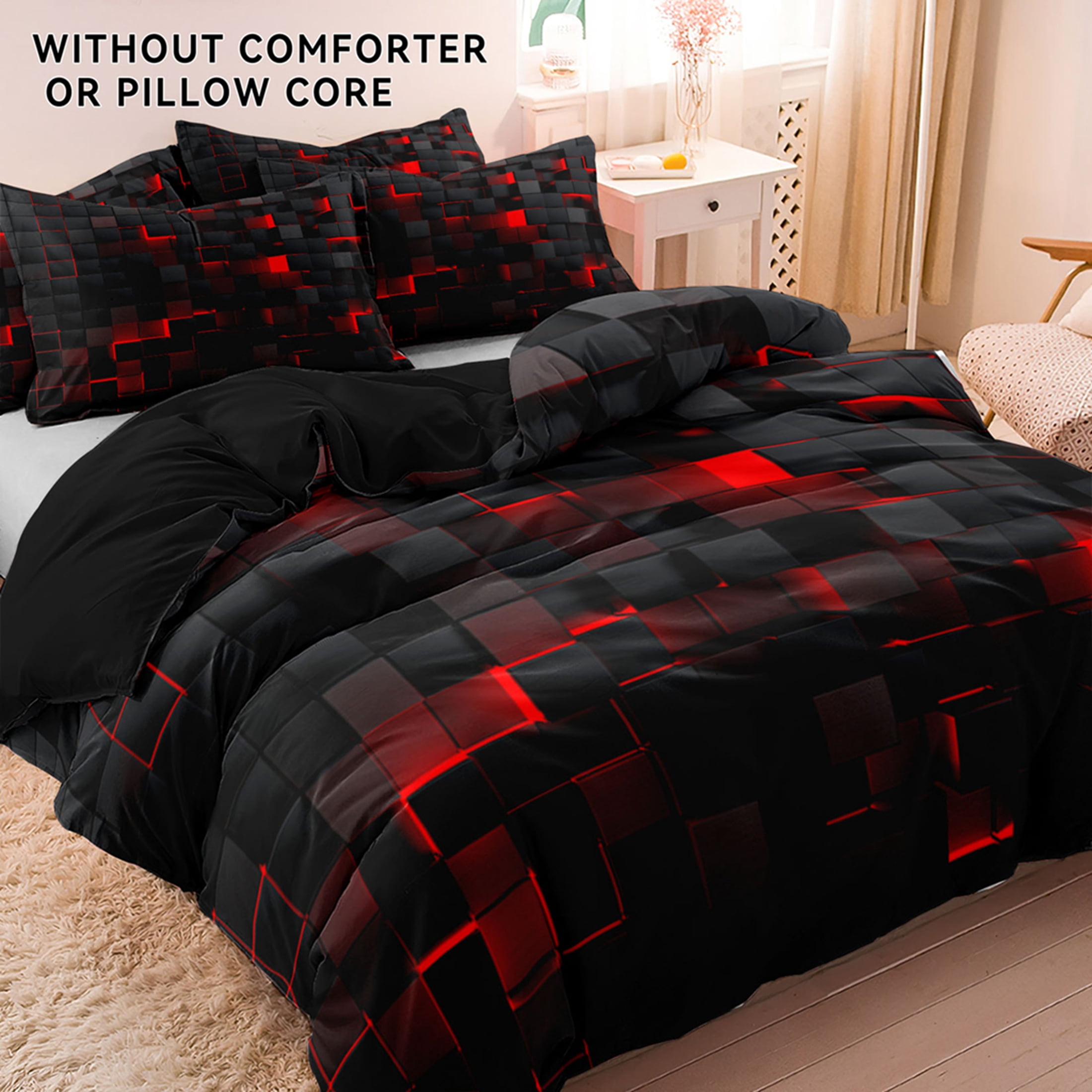 Orylavena Red Black 3D Block Microfiber Duvet Cover Set, Black Back, Twin/Full/Queen/King