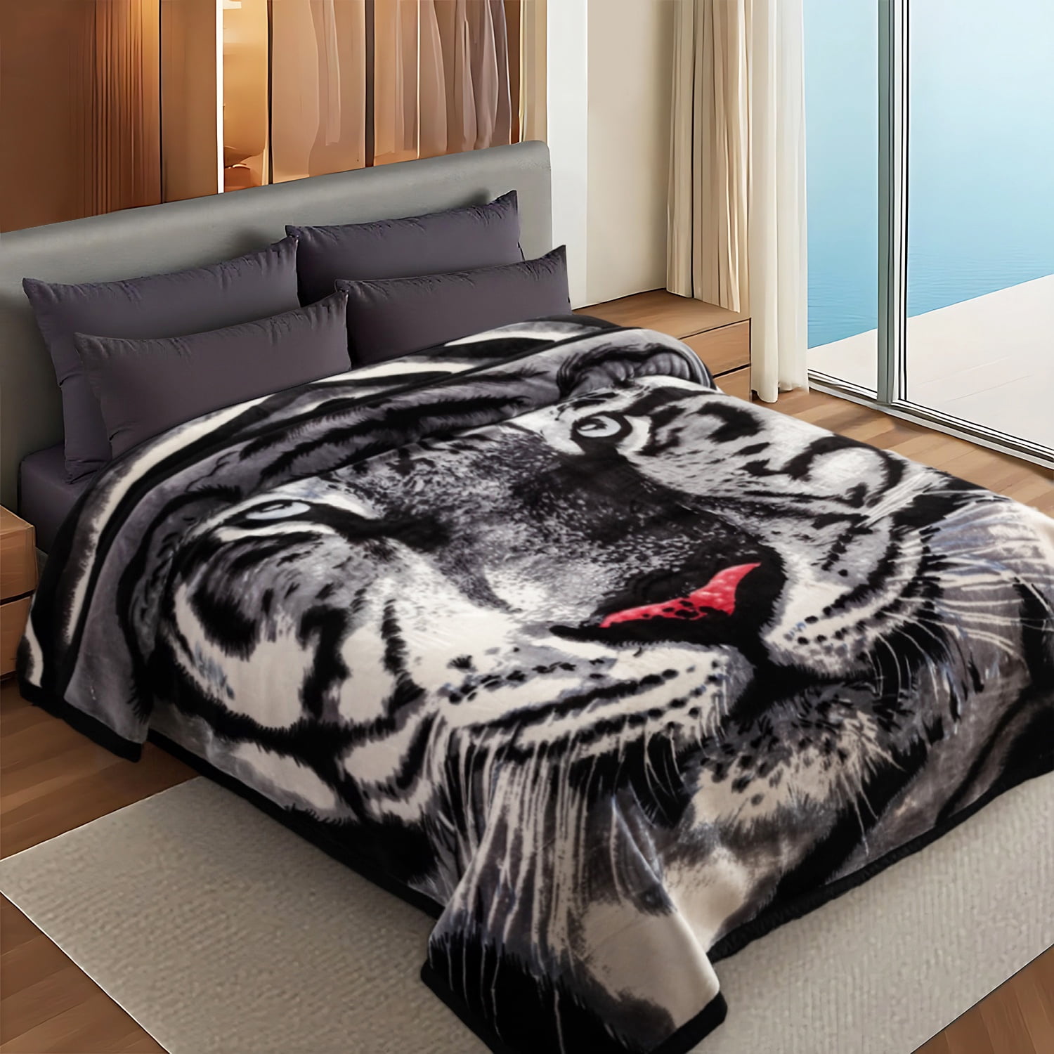 10lbs Heavy Thick A&B Pattern Blanket 2Ply Reversible - Thick Warm Plush Korean Style Bed Blanket, King Size Fleece Plush Blanket, Soft Winter Blanket For Adult 87" x 95", Black Tiger