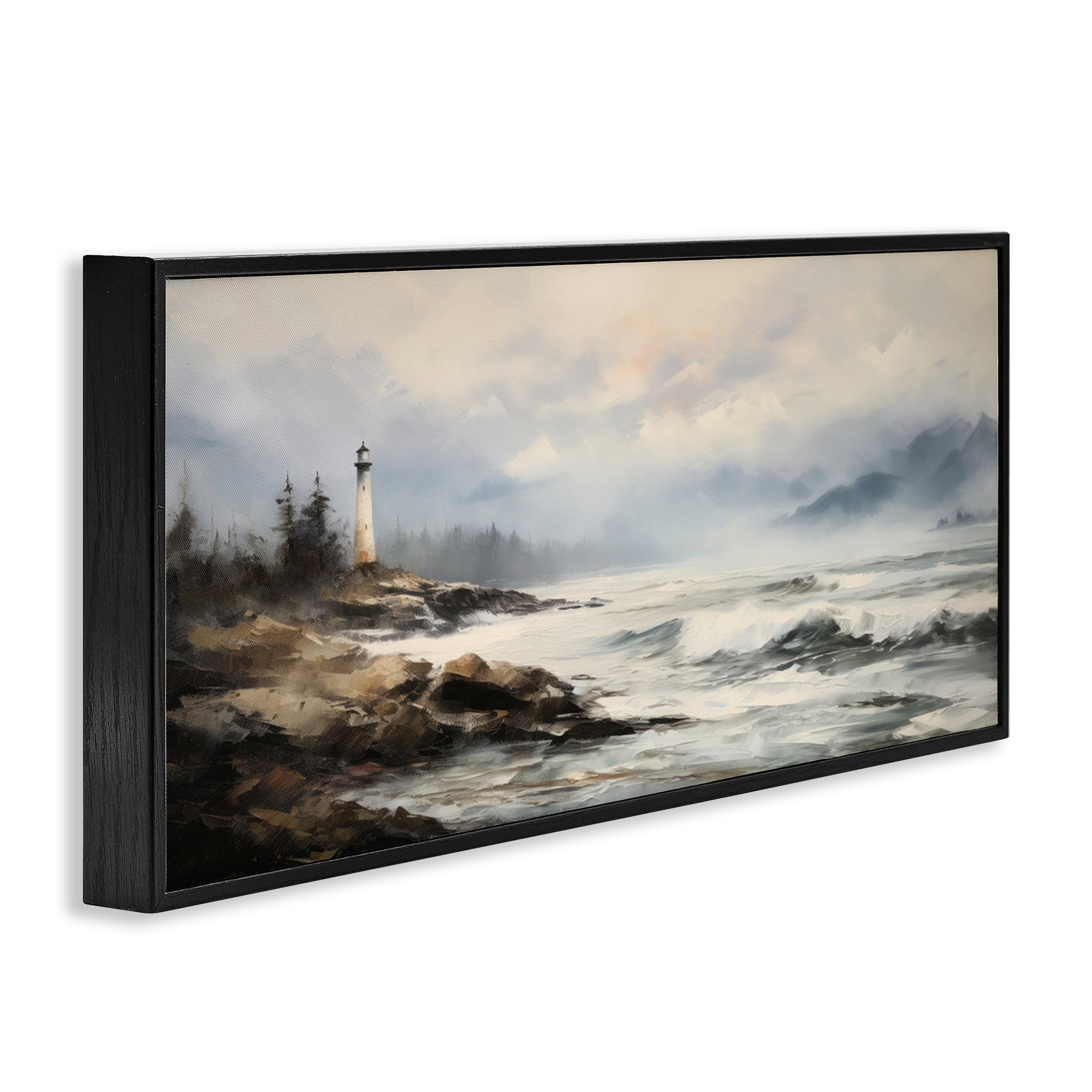 Stupell Industries Coastal Lighthouse Waves Coastal Painting Black Framed Art Print Wall Art, 30 x 13