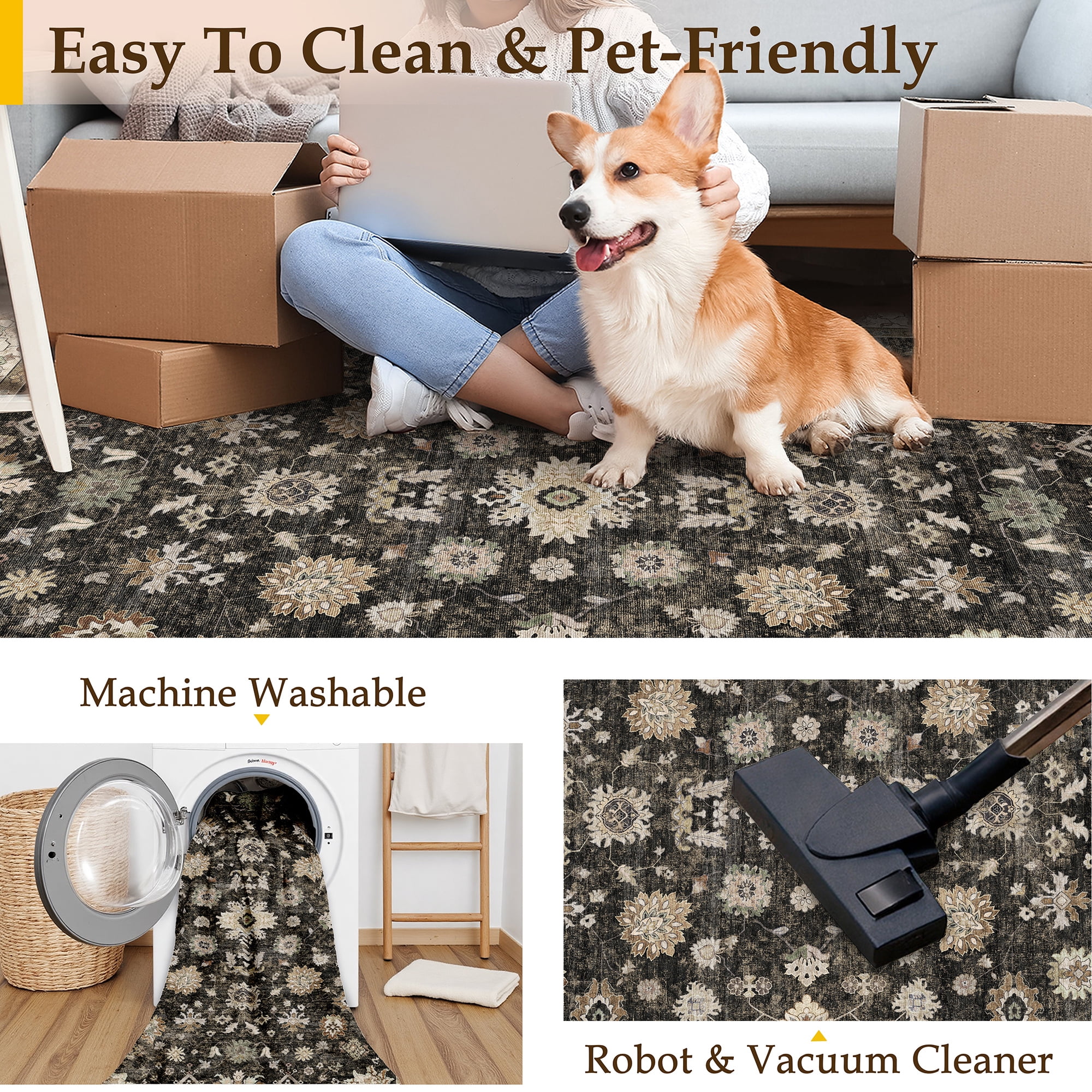 BERTHMEER 6'x9' Vintage Area Rugs for Living Room Black and Gold Rugs for Bedroom Kitchen Non Slip Washable Carpets Office Farmhouse Dorm Dining Room Oriental Traditional Distressed Rugs