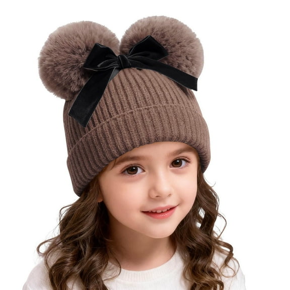 Favoffer Infant Toddler Baby Knitting Woolen Hat Winter Warm Double Pompom Beanie Cap with Bow 6M-1.5Y
