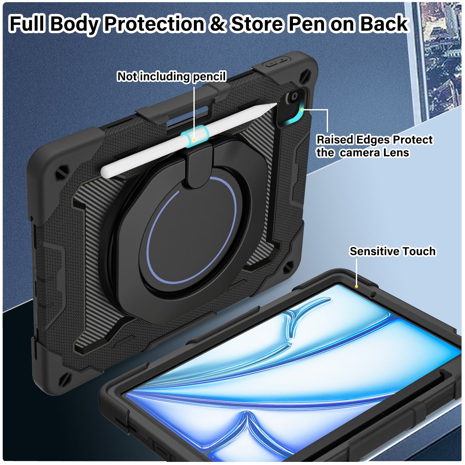 ROISKIN for iPad Air 11 inch Case (M3 2025/M2 2024)/ Air 6th Generation for Kids with HD Screen Protector, 360 Rotating Kickstand, Shoulder Strap, Pen Holder, Heavy Duty Military Case for iPad Air 11